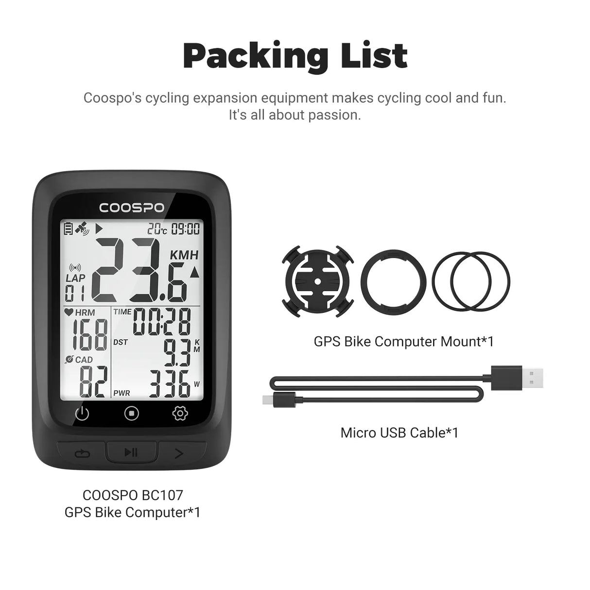 Ciclocomputador Coospo GPS BC107 - Negro